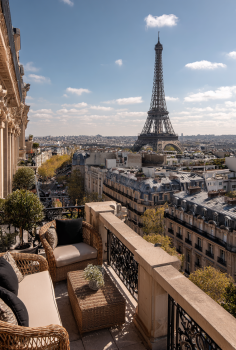 Cuisine parisienne haut de gamme avec moulures et parquet chevron
